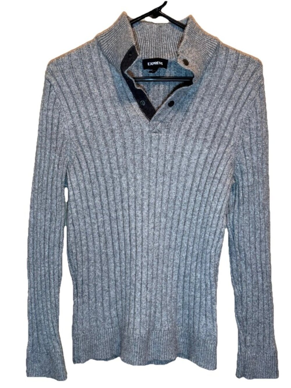 Express Sweater Mens M Gray Ribbed Quarter Snap Pullover Long Sleeve Cozy